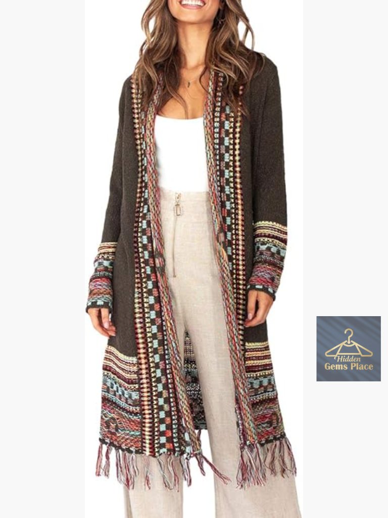 Boho Maxi Cardigan Sweater Open Front Fringe Tribal Knit Long Tassel Coat